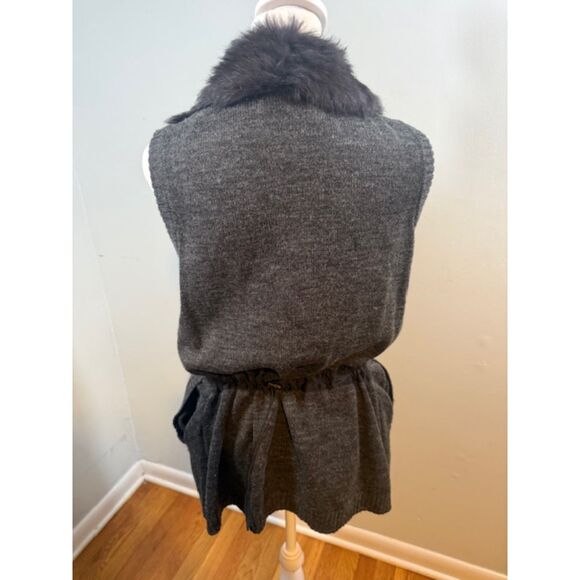 Vintage Dana Stein Real Rabbit Fur Trim Gray Wool Vest Sz M Drawstring Back - Picture 6 of 9